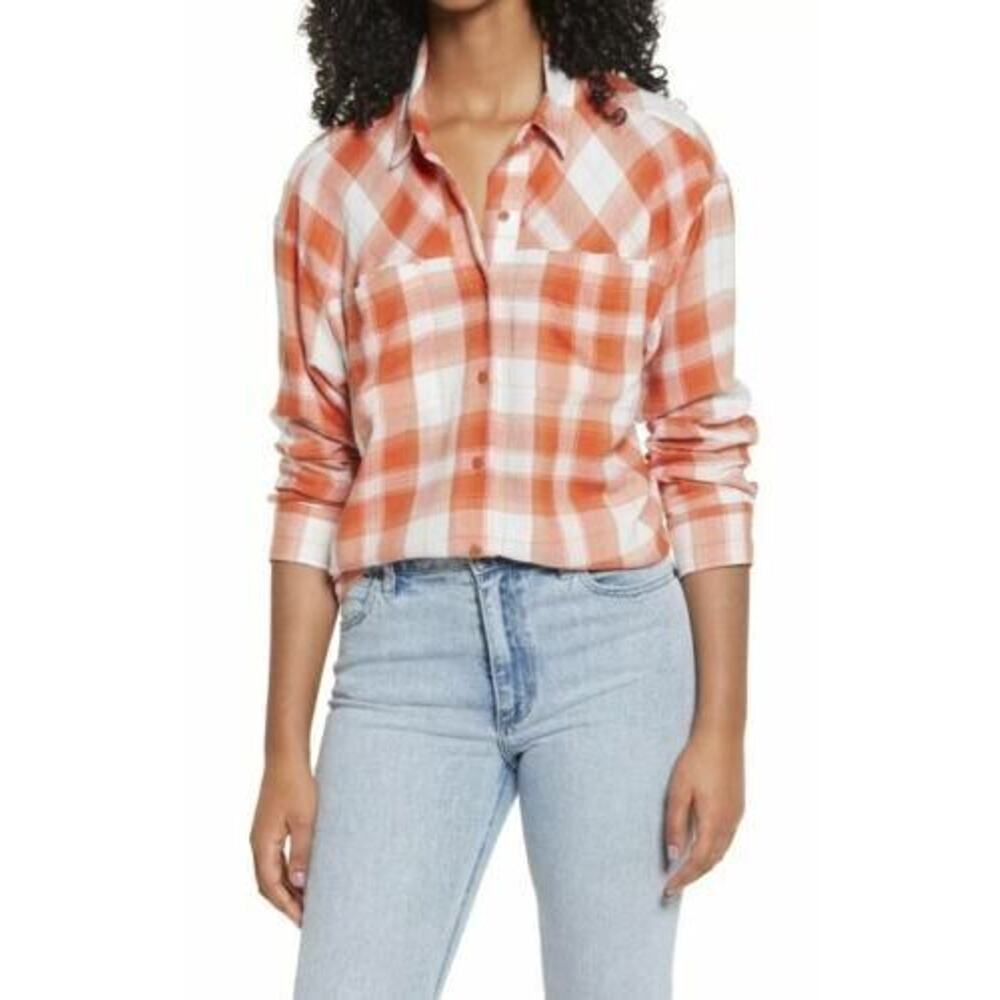 BP Women's High/Low Plaid Button Up Shirt Rust Ivory Bill Plaid Small MSRP $39